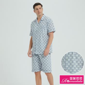 【蕾妮塔塔】藍白格紋 男性短袖兩件式睡衣(R18049-6藍白格)