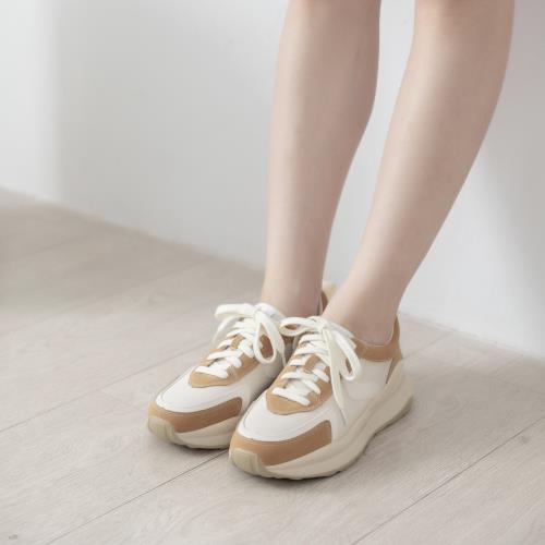 【WYPEX】真皮韓版老爹鞋 增高厚底鞋女 奶茶色小白鞋