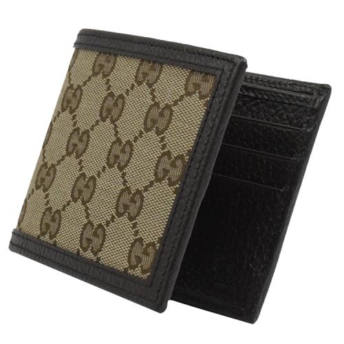 GUCCI 260987 經典雙G LOGO緹花布皮飾邊多卡短夾.駝/深咖邊|短夾
