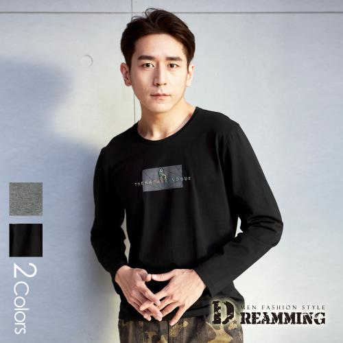 【Dreamming】撞色動物刺繡萊卡彈力長袖圓領T(共二色)