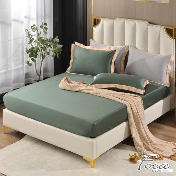 【FOCA】潮流金框 頂級300織紗100%純天絲薄枕套床包三件組 復古綠(雙人)