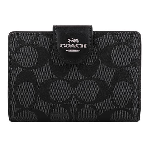 COACH - 銀馬車防刮LOOG皮革釦式拉鍊中夾 (黑灰)