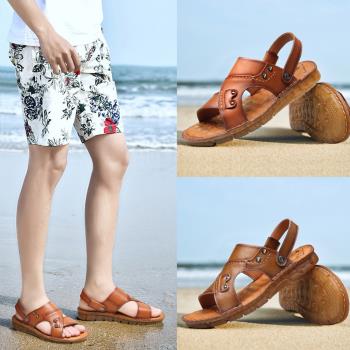 【JP Queen New York】夏季休閒清涼牛皮透氣沙灘男士涼鞋(2色能選)