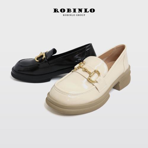 Robinlo時髦軟漆皮馬銜扣鬆糕樂福鞋FLOS-米白色/黑色