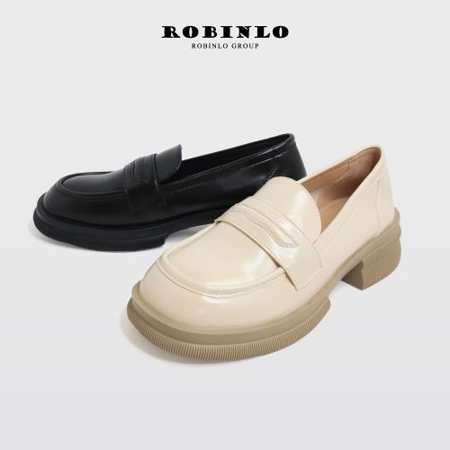 Robinlo舒適軟Q學院風鬆糕樂福鞋FOSTER-米白色/黑色