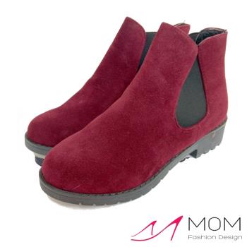 【MOM】短靴 低跟短靴/時尚英倫風彈力鬆緊靴口低跟短靴(紅)