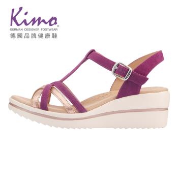 Kimo德國品牌健康鞋-雙色交叉楔型山羊皮繫帶涼鞋 女鞋( 三色堇紫 KBASF167059)
