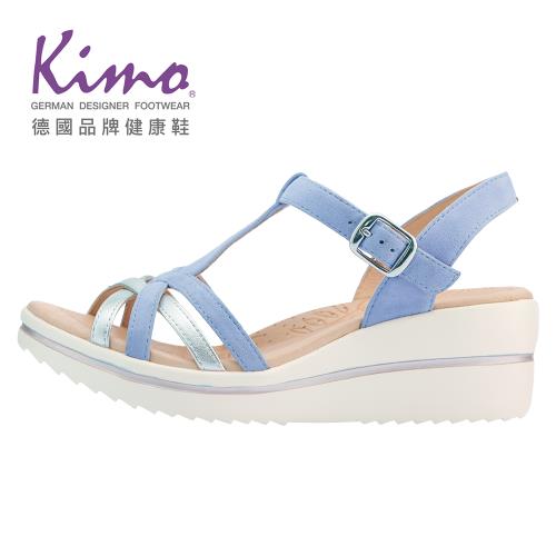Kimo德國品牌健康鞋-雙色交叉楔型山羊皮繫帶涼鞋 女鞋( 矢車菊藍 KBASF167056)