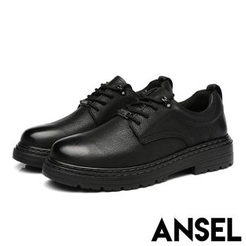 【ANSEL】休閒鞋 厚底休閒鞋/真皮頭層牛皮手工縫線經典工裝繫帶厚底休閒鞋-男鞋 黑