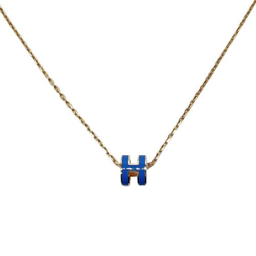 【Hermes】經典Mini Pop H立體簍空橢圓Logo項鍊(藍/金鍊)