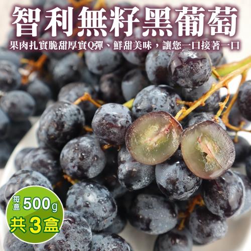 果物樂園-智利空運黑無籽葡萄(約500g/盒)x3盒