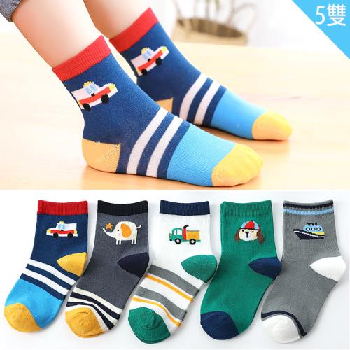 兒童襪子汽車男童襪短襪棉襪1/2襪5雙組15-18cm/18-22cm 35-1017【卡通小物】