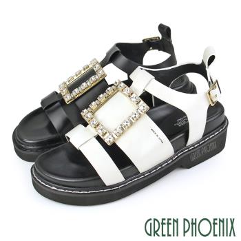 GREEN PHOENIX 女 涼鞋 國際精品 寬帶 水鑽 方釦 義大利胎牛皮 厚底U28-2A405