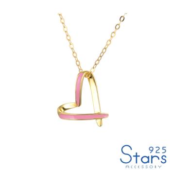 【925 STARS】純銀925時尚心型線條粉色滴釉造型項鍊 純銀項鍊 造型項鍊 情人節禮物