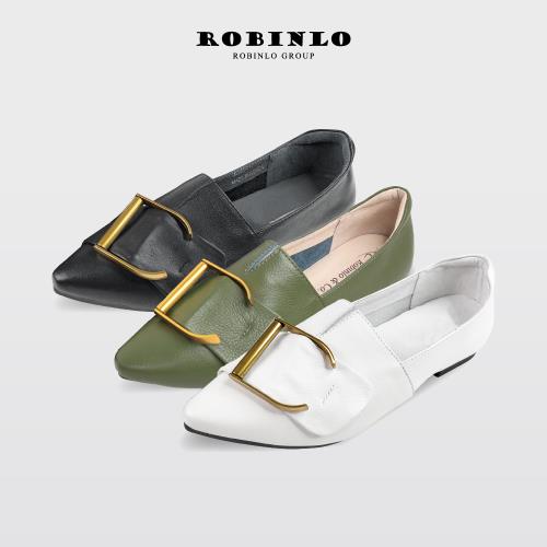 Robinlo復古金屬大D扣軟牛皮平底鞋MOMFA-奶油白/法式黑/優雅綠