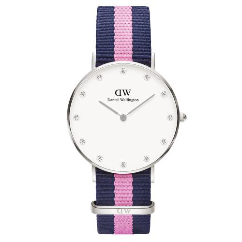 DW Daniel Wellington 施華洛世奇水晶藍粉紅帆布腕錶-銀框/34mm(0962DW)