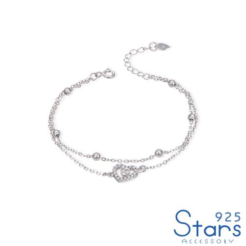 【925 STARS】純銀925閃耀美鑽縷空愛心雙層圓珠鍊造型手鍊 純銀手鍊 造型手鍊 美鑽手鍊情人節禮物