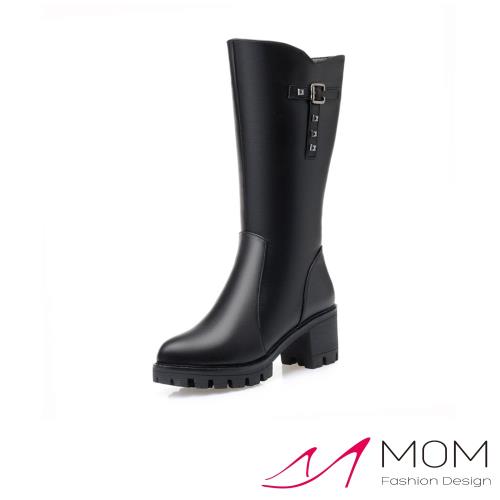 【MOM】中筒靴 粗跟中筒靴質感鉚釘造型保暖粗跟中筒靴 黑