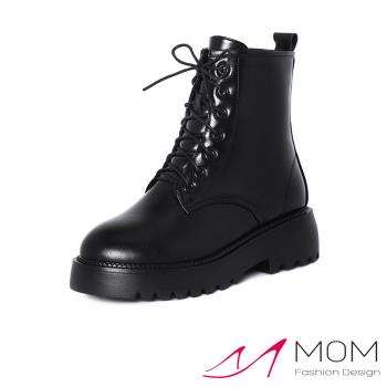 【MOM】馬丁靴 粗跟馬丁靴/真皮保暖羊毛經典英倫風厚底粗跟短筒馬丁靴 黑
