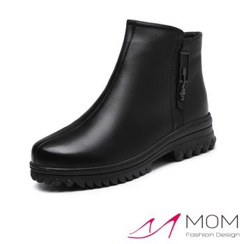 【MOM】短靴 厚底短靴/真皮頭層牛皮保暖機能羊毛內裡金屬釦造型厚底短靴 黑
