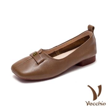 【VECCHIO】便鞋 低跟便鞋/真皮頭層牛皮舒適軟底小方頭低跟便鞋 卡其