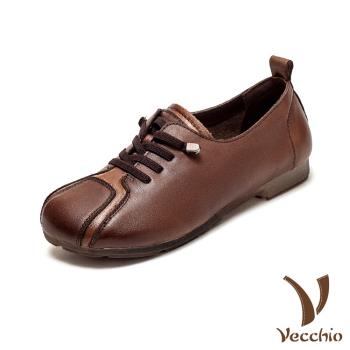 【VECCHIO】休閒鞋 低跟休閒鞋/真皮頭層牛皮復古拼接百搭低跟休閒鞋 棕