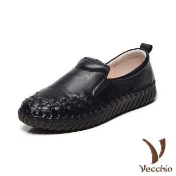 【VECCHIO】休閒鞋 真皮休閒鞋/全真皮頭層牛皮編織線條舒適軟底休閒鞋 黑