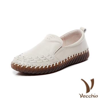 【VECCHIO】休閒鞋 真皮休閒鞋/全真皮頭層牛皮編織線條舒適軟底休閒鞋 米