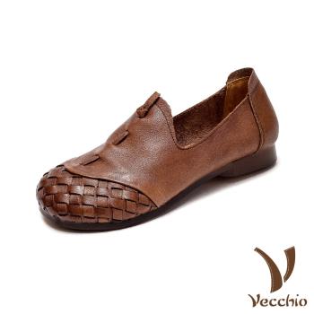 【VECCHIO】休閒鞋 低跟休閒鞋/真皮頭層牛皮百搭編織拼接圓頭低跟休閒鞋 棕