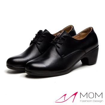 【MOM】休閒鞋 粗跟休閒鞋/真皮復古繫帶造型3孔粗跟休閒鞋 黑