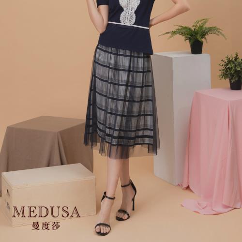 【MEDUSA 曼度莎】層次感藍白粗細格紋網紗裙（M-2L）｜女裝 短裙 中長裙｜上班穿搭 職場穿搭