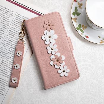 Aguchi 亞古奇 Apple iPhone 13 Pro Max (6.7吋) 花語 鉚釘立體花朵手機皮套 頂級柔軟皮革 附皮質璀璨吊飾 - 嫩粉