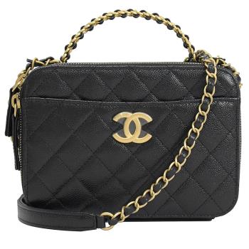 CHANEL AS3222 英字LOGO提把小牛皮雙層化妝箱金鍊包.黑