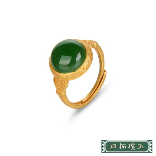 【石拓璞玉】純銀925復古沙金圓潤寶石鑲嵌造型戒指 開口戒 純銀戒 造型戒 情人節禮物 (2款任選)   