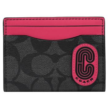 COACH C8305 印花LOGO撞色對開式卡片包.黑灰/桃