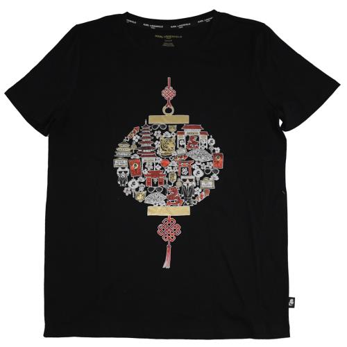KARL LAGERFELD 卡爾 中式彩燈燙金圖案棉質短T恤.黑