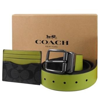 COACH C8278 質感PVC雙面皮帶卡夾禮盒組.黑灰/綠