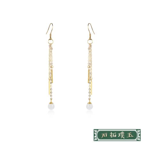 【石拓璞玉】純銀925古法金長條線墜白玉珠造型耳環 純銀耳環 造型耳環 情人節禮物