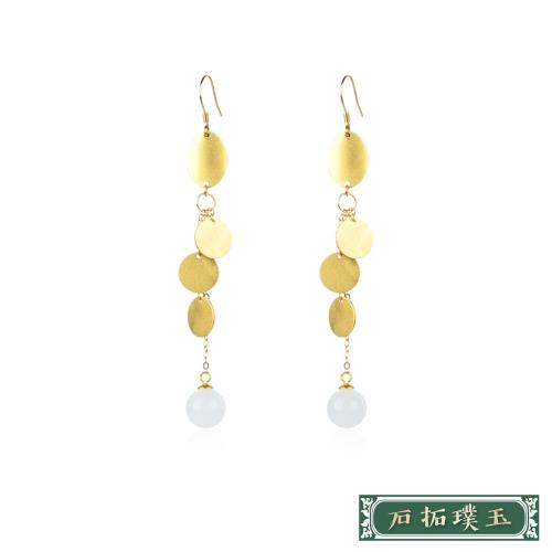 【石拓璞玉】純銀925古法金幾何圓片白玉珠墜造型耳環 純銀耳環 造型耳環 情人節禮物