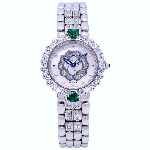 Ogival 愛其華 眾星拱月山茶花時尚優質女性晶鑽腕錶-綠晶鑽-305-13DJLW