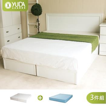 【YUDA 生活美學】純白色 房間組三件組 (床頭片+加厚六分床底+獨立筒床墊) 雙人加大6尺