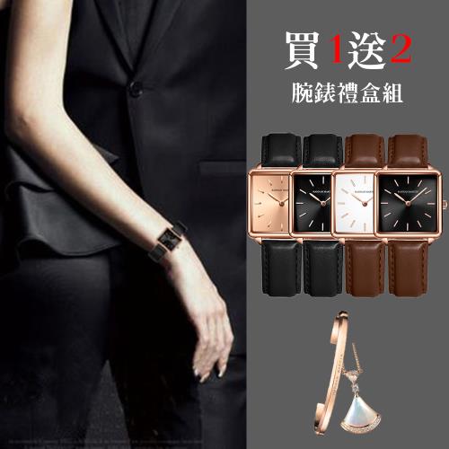 【HANNAH MARTIN】日本機芯 輕奢ins方形防水皮革帶腕錶大禮盒組(HM-108)
