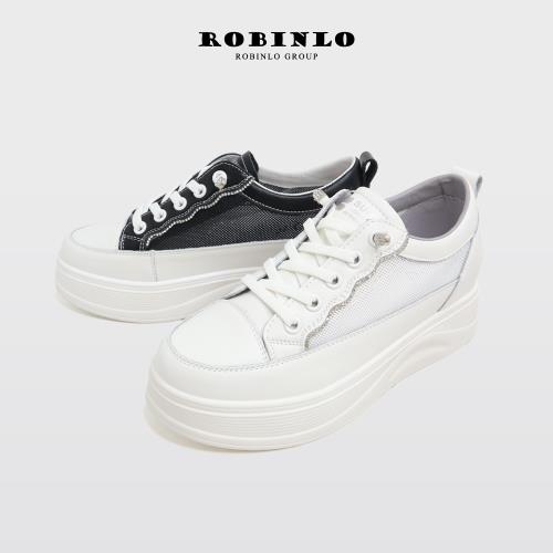 Robinlo低調閃耀全真皮網布厚底休閒鞋小白鞋COLTON-黑色/白色