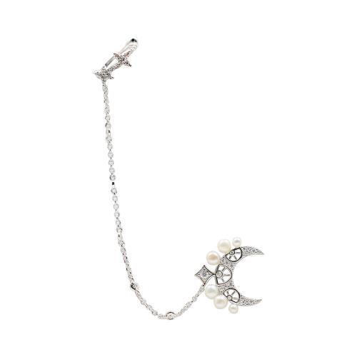apm MONACO法國精品珠寶 閃耀鑲石銀色單只月亮星星耳骨夾飾珍珠AE12574XPL