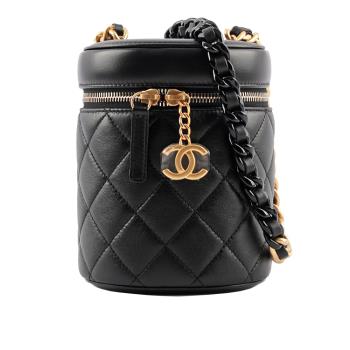 CHANEL CC Logo 拉鍊菱格紋小羊皮小型化妝箱(黑色) CH13000007