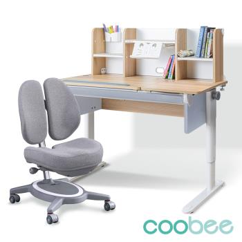 coobee L型板成長機能桌+120桌上書架+132雙背椅(CB-502兒童書桌椅組實木兒童書桌升降書桌椅)