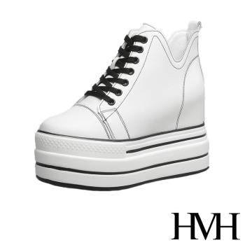 【HMH】休閒鞋 厚底休閒鞋/經典撞色車線V口時尚厚底內增高休閒鞋 白