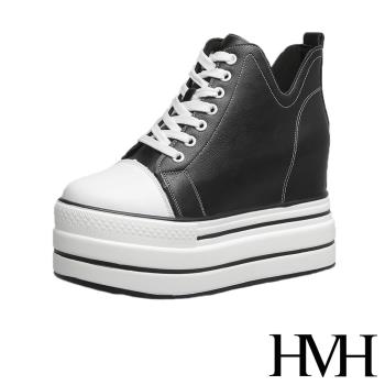 【HMH】休閒鞋 厚底休閒鞋/經典撞色車線V口時尚厚底內增高休閒鞋 黑