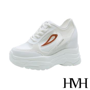 【HMH】休閒鞋 厚底休閒鞋/時尚縷空網面金蔥線條拼接個性厚底內增高休閒鞋 紅