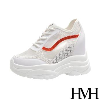 【HMH】厚底鞋 厚底小白鞋/個性金蔥流線拼接透氣網布時尚內增高厚底小白鞋 紅